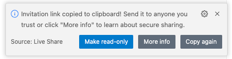 Live Share invitation link for remote pair programming in Visual Studio Code
