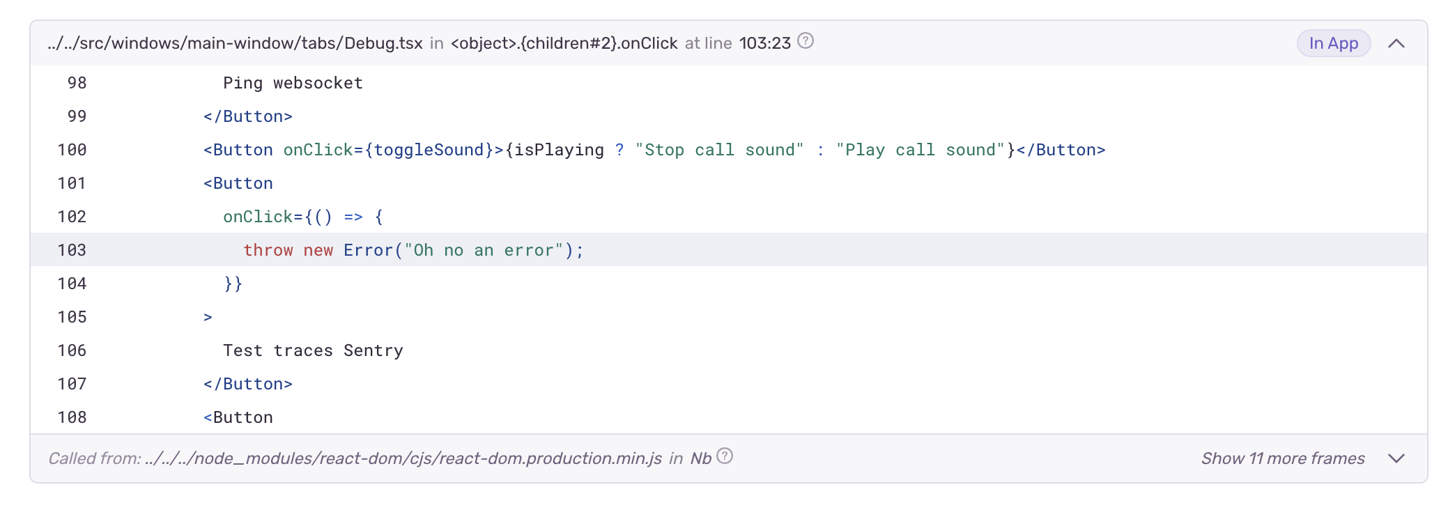 Sentry error stacktrace with source map applied, showing original source code lines
